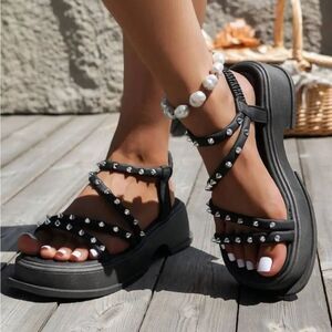 STUDDED WEDGE HEEL WOMEN'S CRISS-CROSS STRAP PLATFORM ESPADRILLE SANDAL